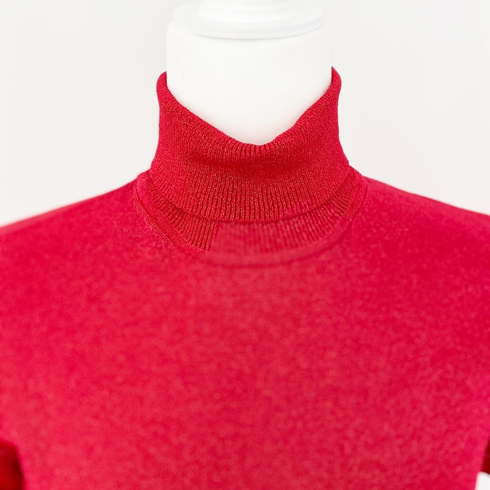 Metallic Red Turtleneck Flutter Sleeve Belted Top - image 3